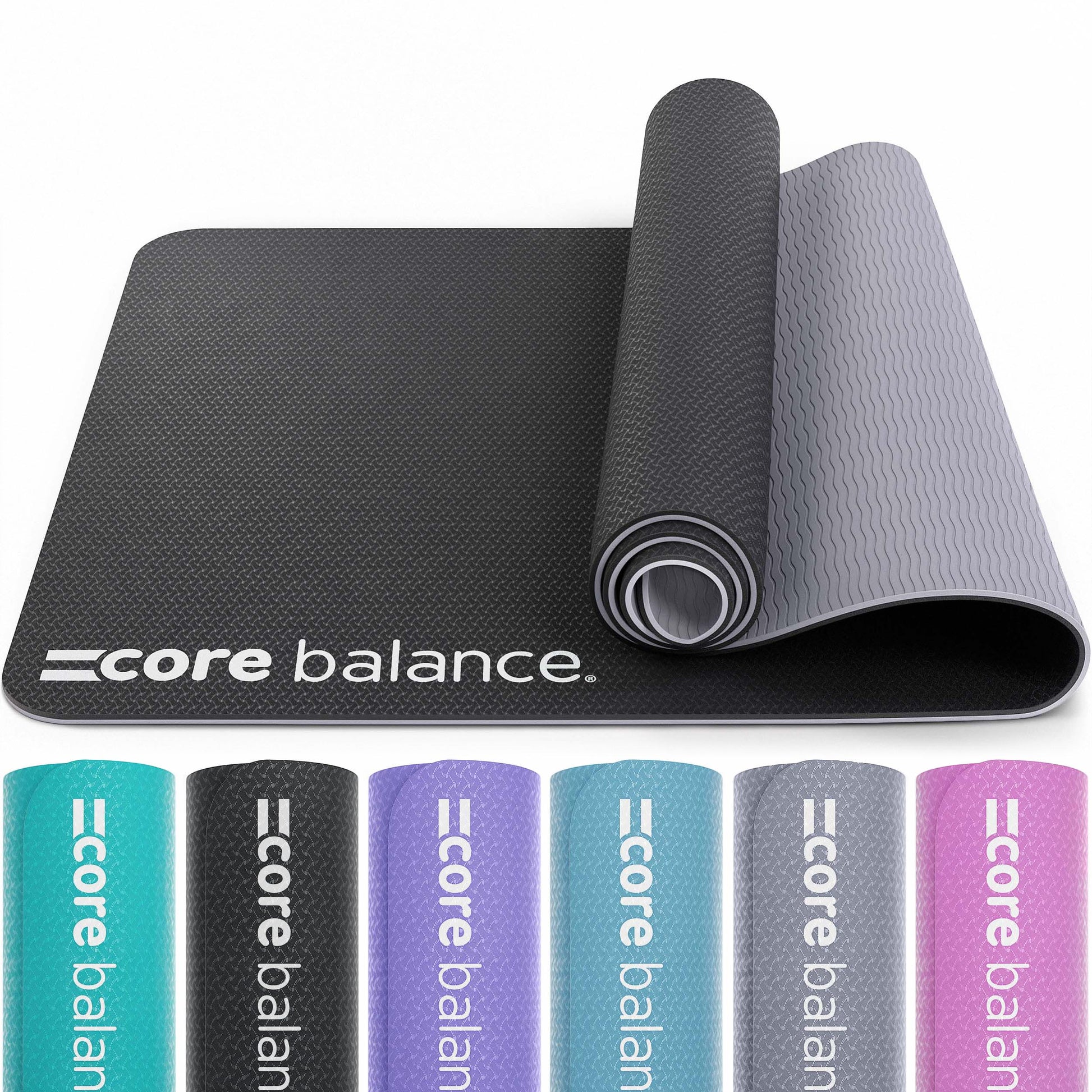 Black yoga mats with Core Balance branding on a white background.