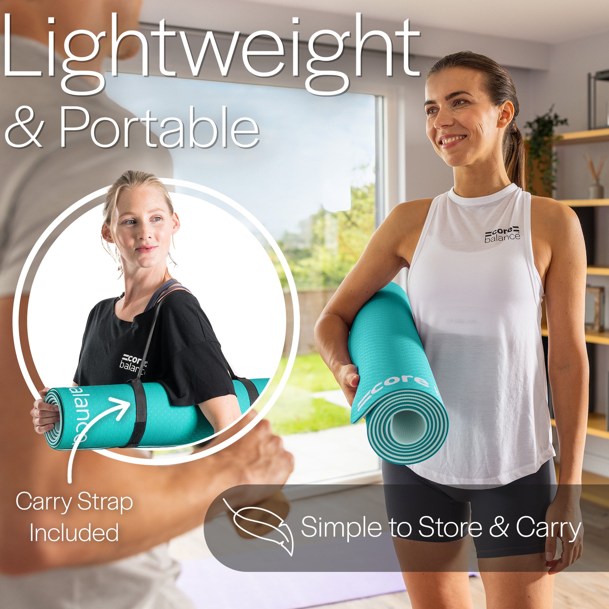 Woman holding green yoga mat showing shoulder strap.